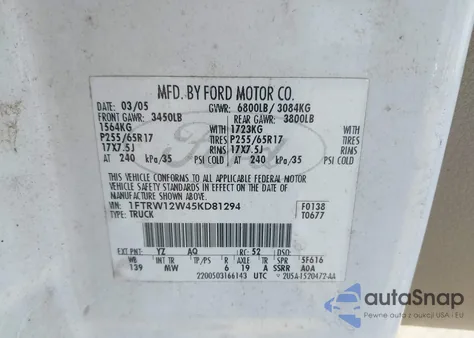 2005 Ford F-150 Xlt z USA, uszkodzony, nr VIN 1FTRW12W45KD81294